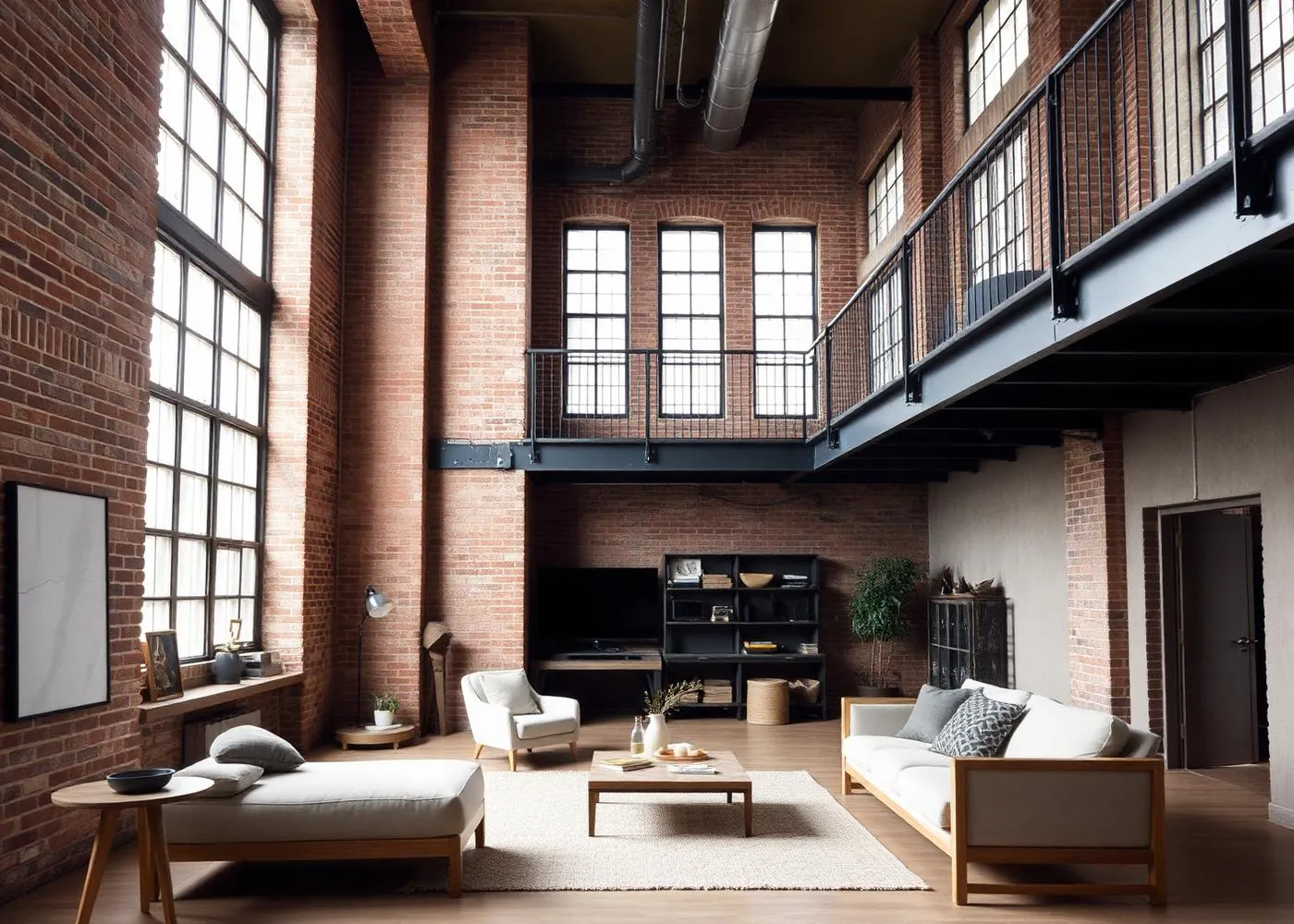 Loft avec mezzanine métallique, brique apparente et grandes verrières