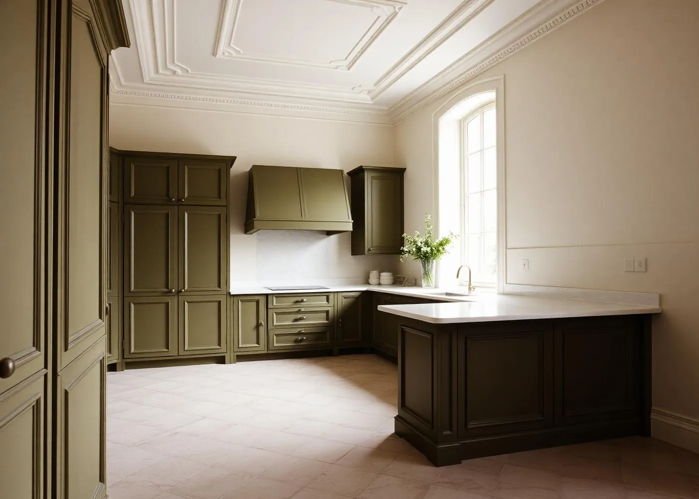 Cuisine contemporaine installée sous les moulures d'une villa ancienne