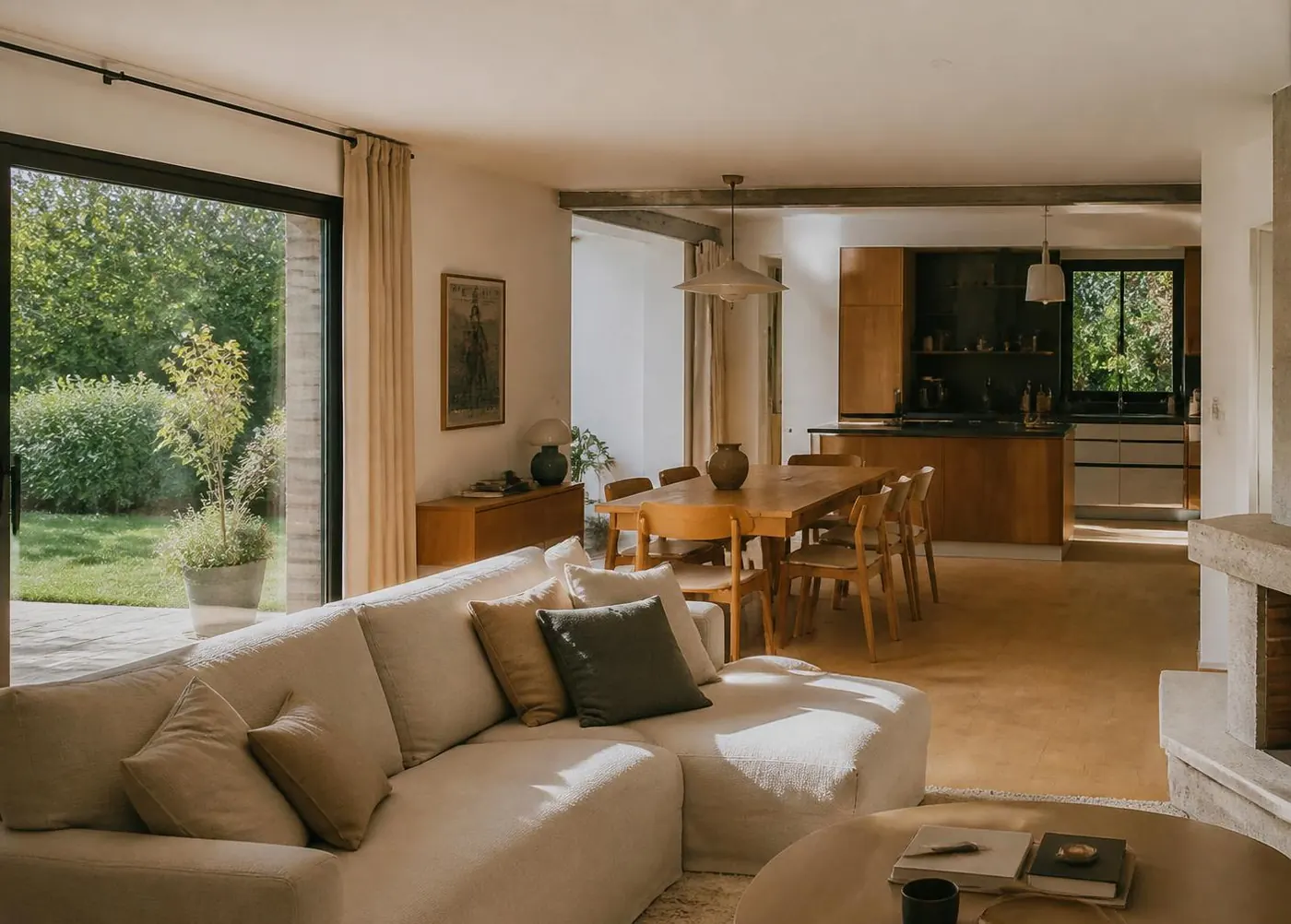 Séjour ouvert sur le jardin dans une maison familiale rénovée à Craponne