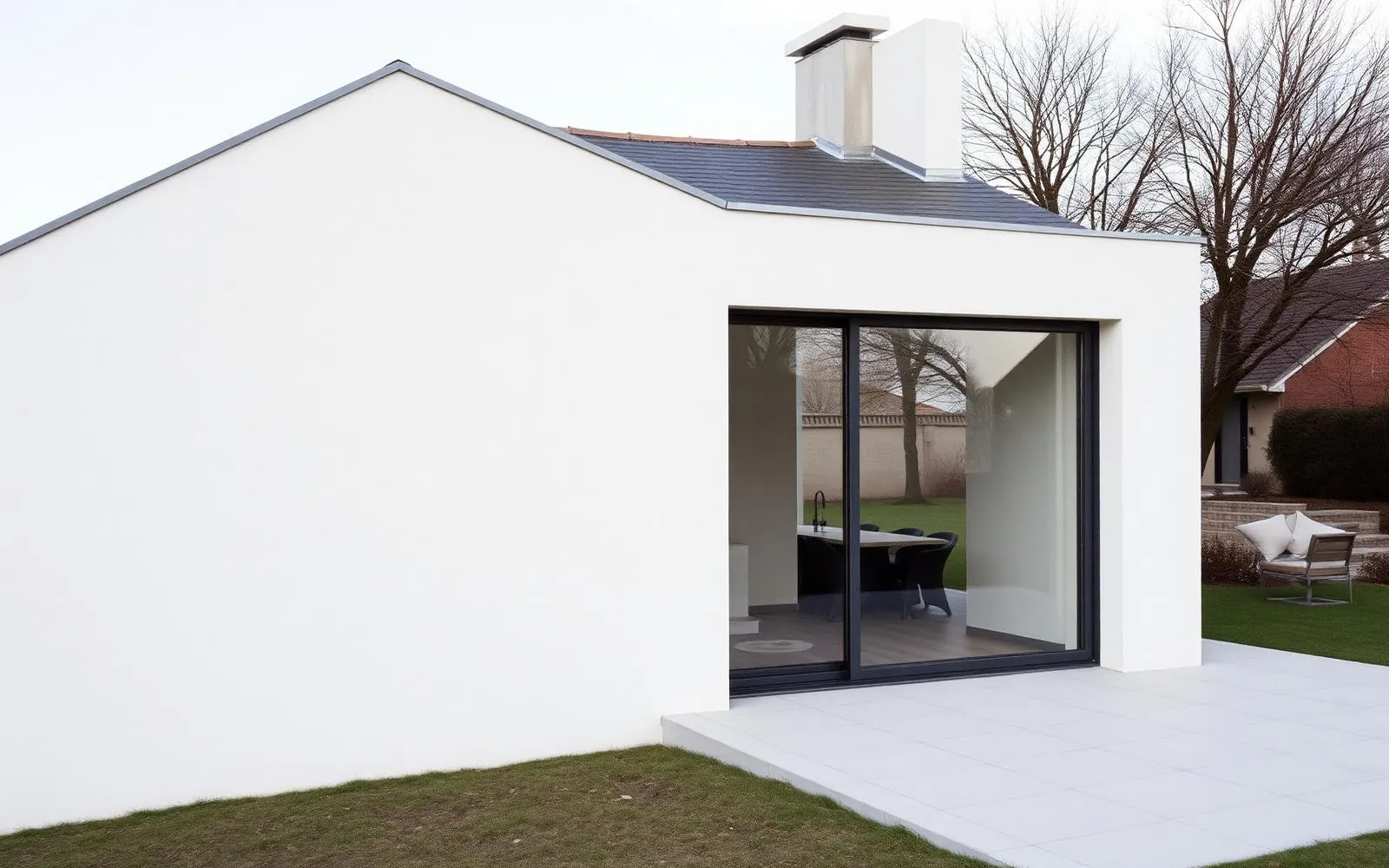 Maison contemporaine à Dardilly avec grande baie vitrée ouverte sur le jardin