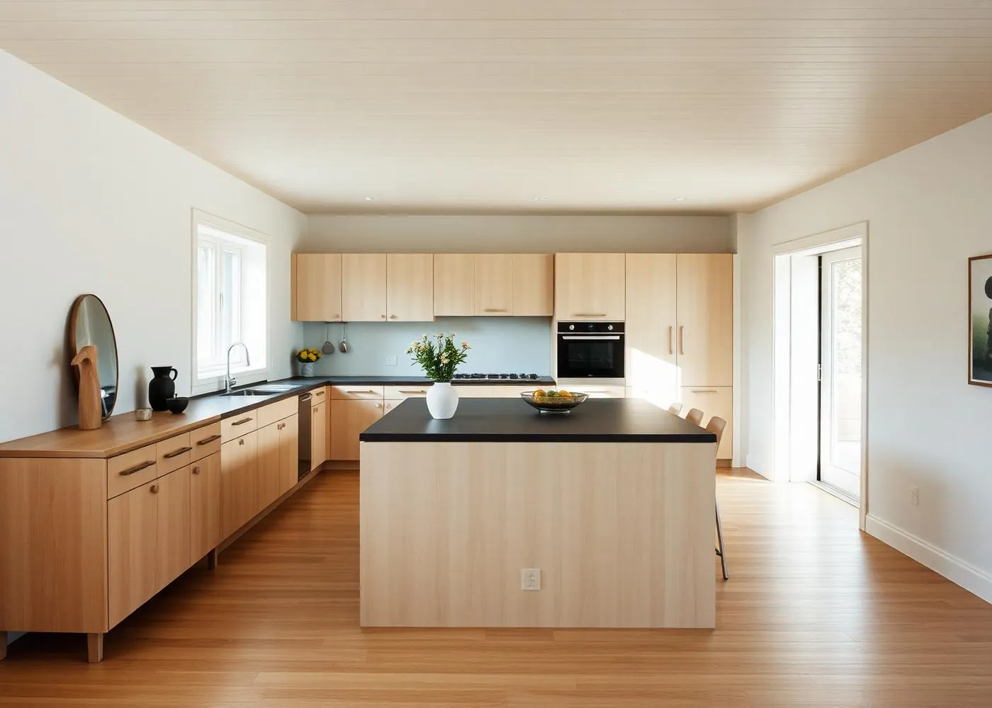 Cuisine ouverte avec îlot central en bois clair et plan de travail sombre