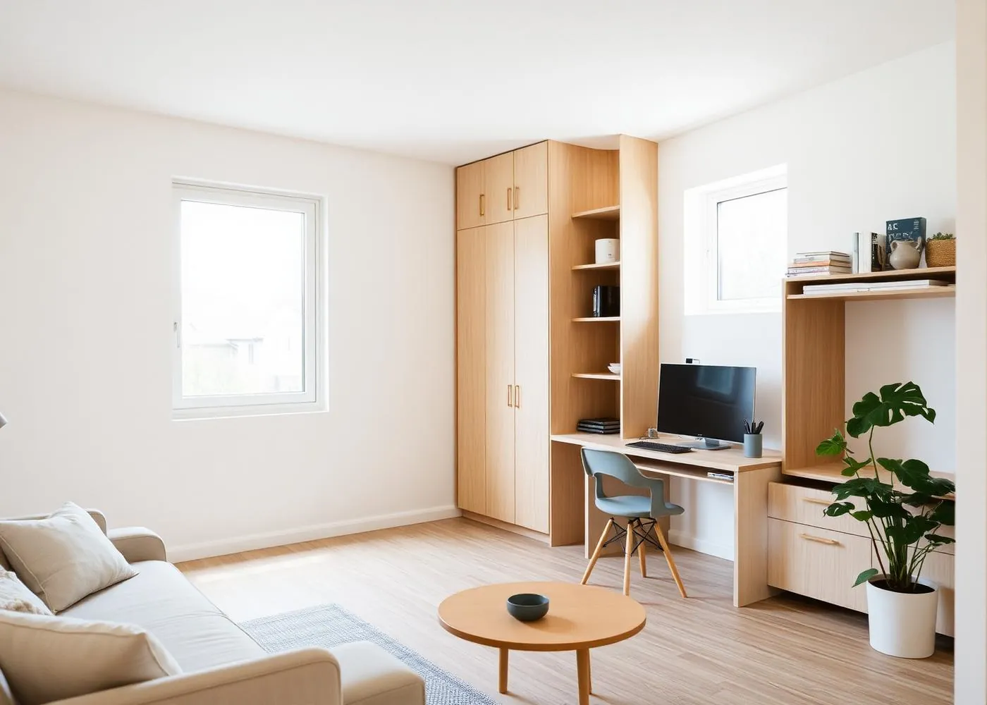Petit séjour optimisé avec menuiserie sur mesure intégrant bureau et rangements