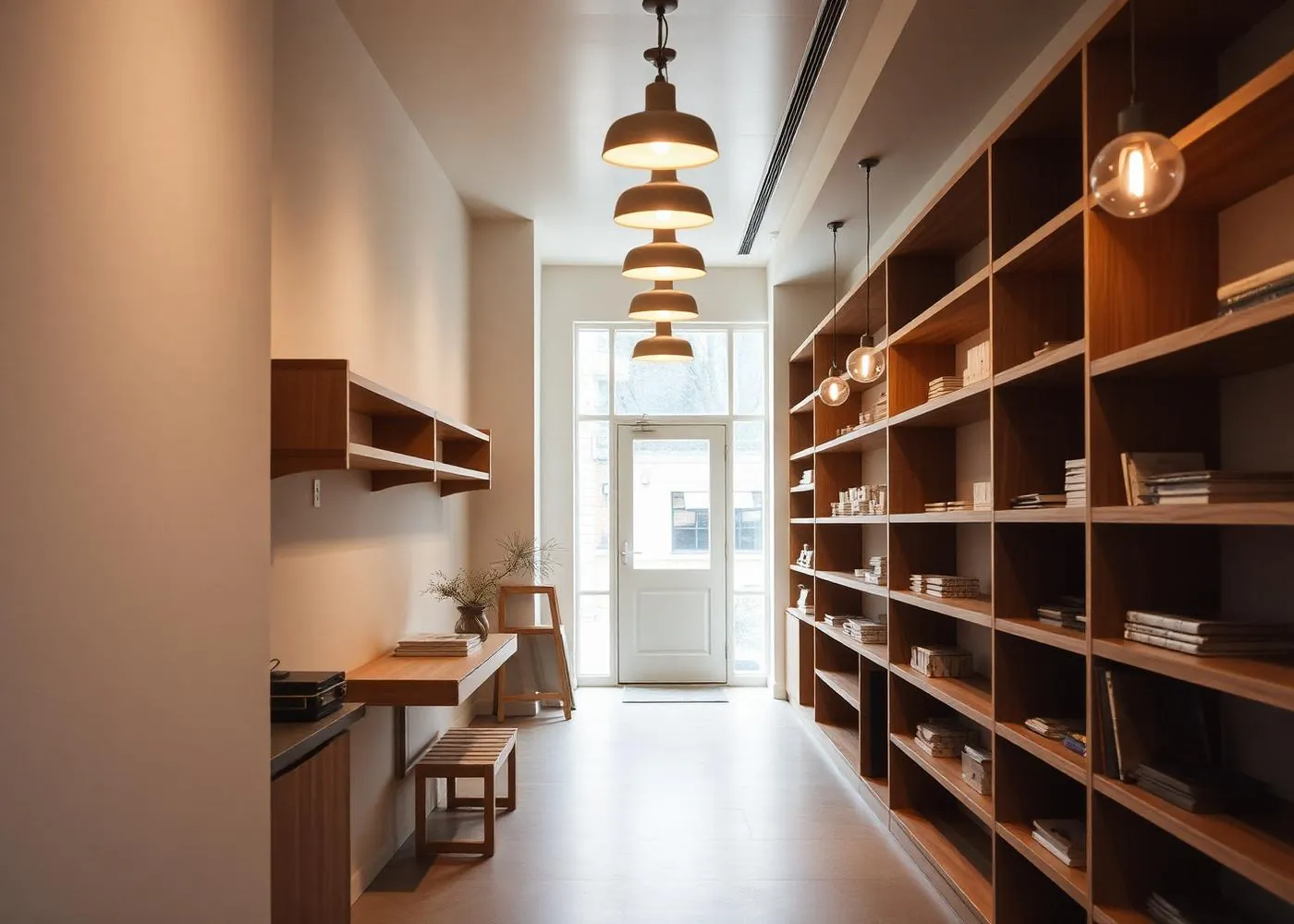 Intérieur de boutique en longueur avec étagères en bois et suspensions chaudes